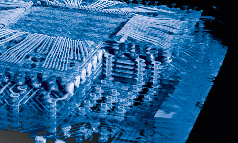 Visualisation 3D d'un scan de laminographie d'une carte multicouche, utilisant la fonction « Boîte de découpage inversée